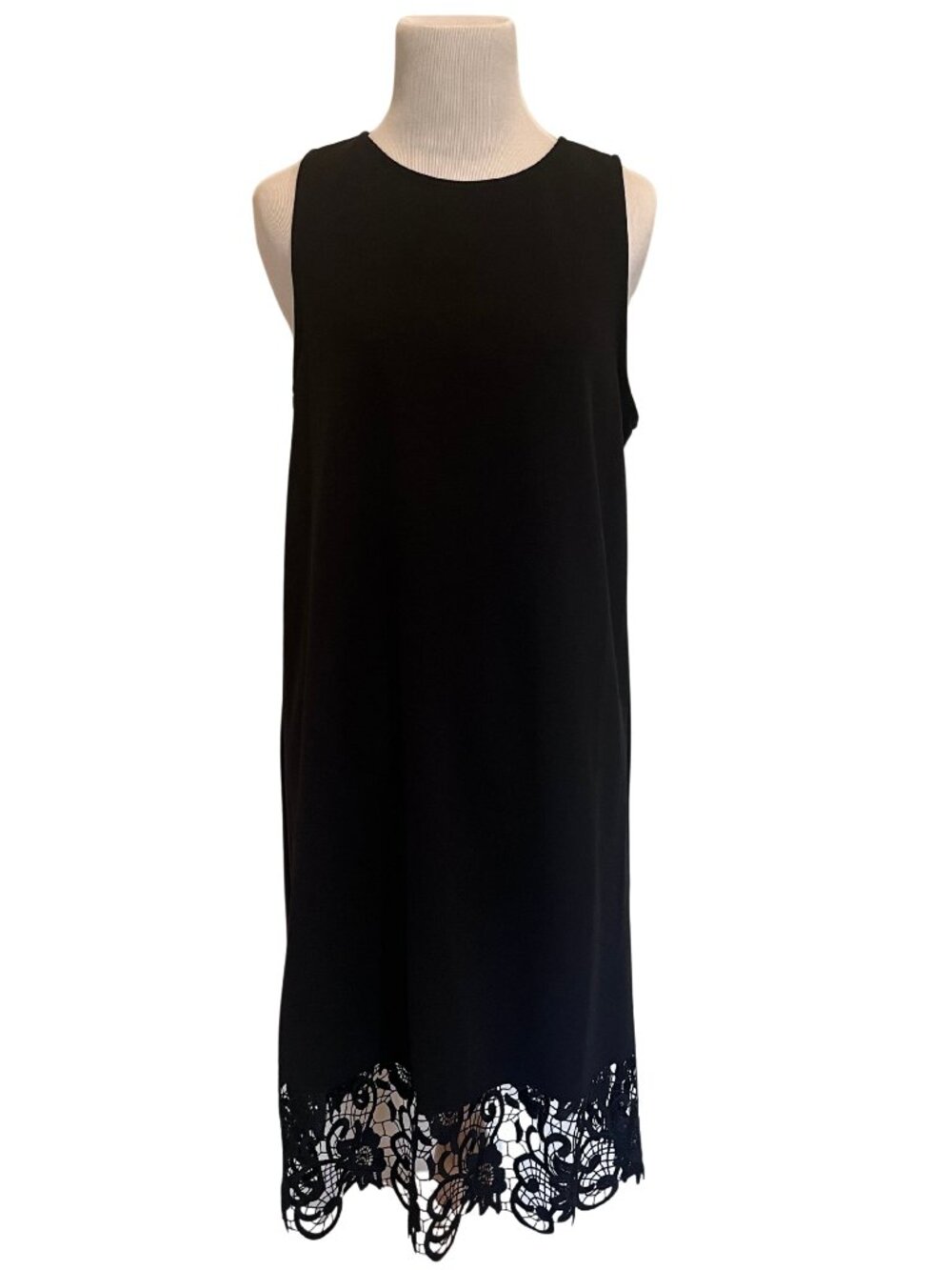 Classic Timeless Elegant Black Crepe Lace Trim Sleeveless Midi Shift Dress